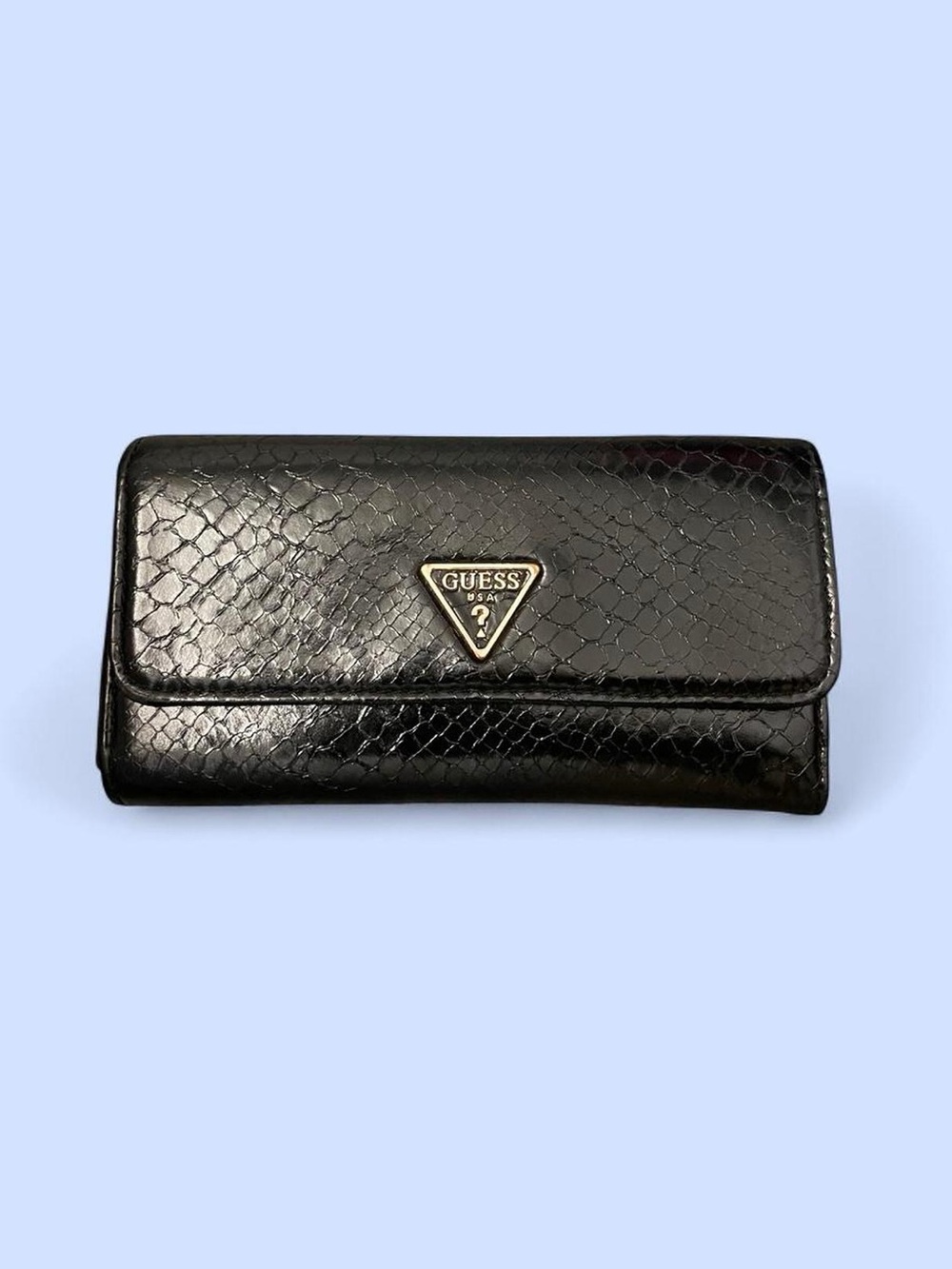GUESS Black Snake-Texture Continental Wallet with Logo Plaque